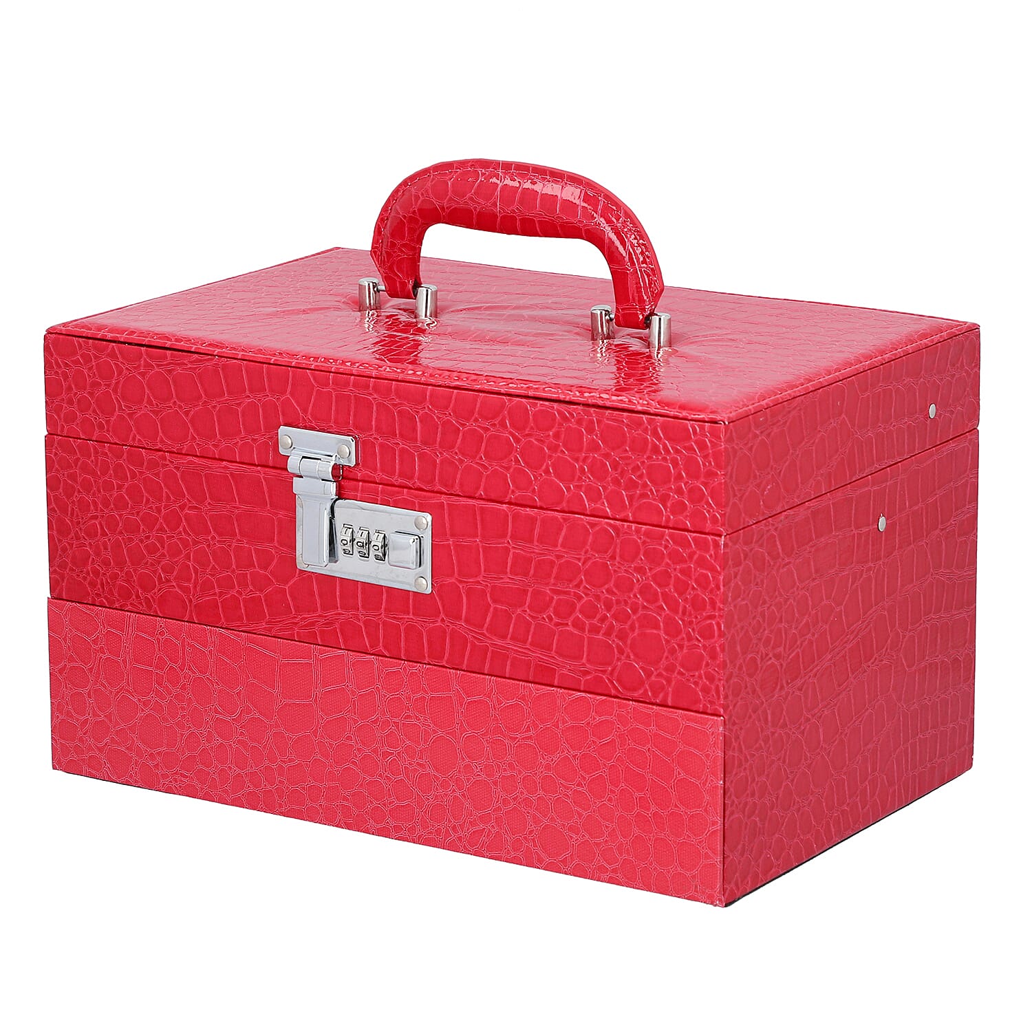 3 Layer Crocodile Skin Pattern Jewellery Box Organiser with Coded Lock and Handle (Size 33x21x21 Cm) - Rose Pink