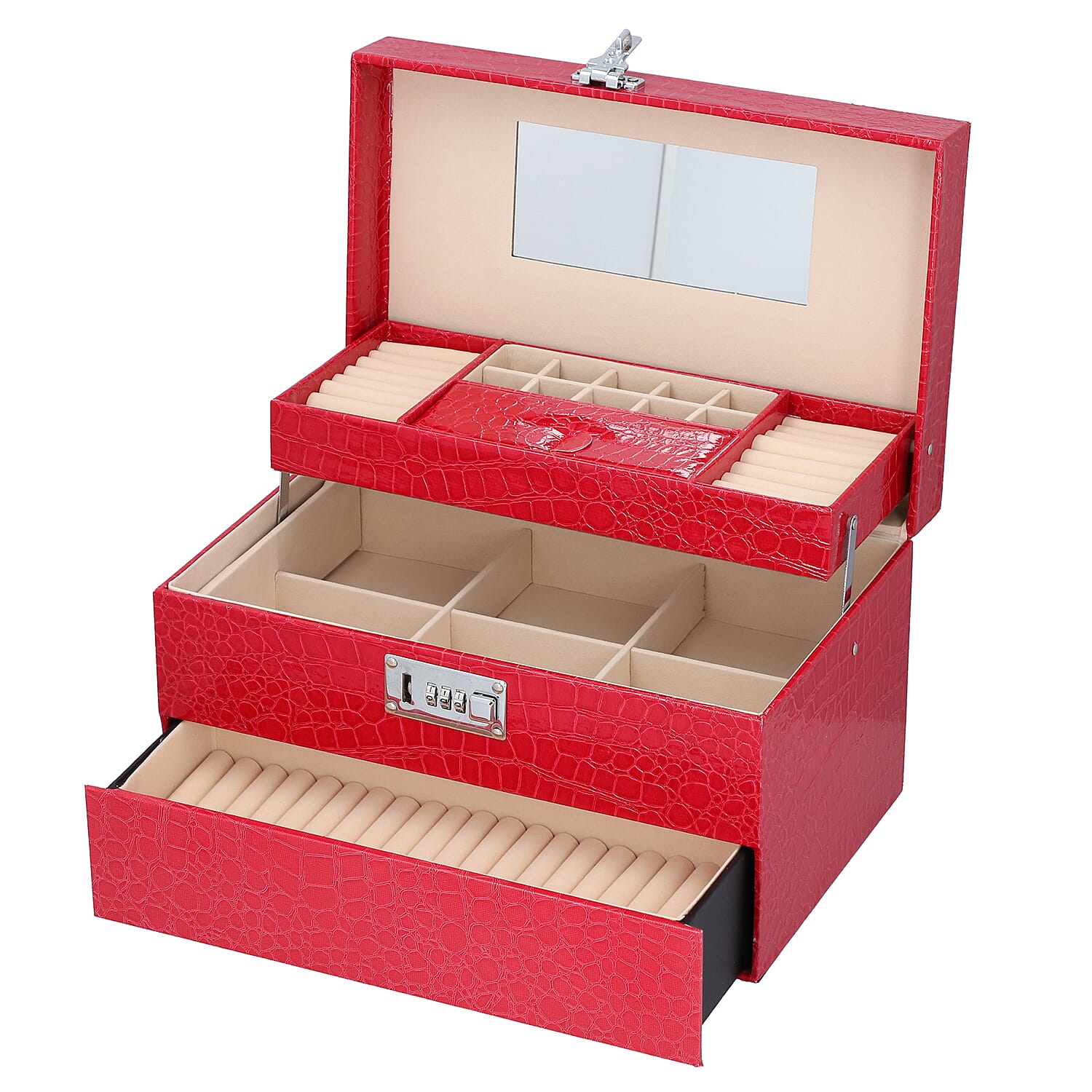 3 Layer Crocodile Skin Pattern Jewellery Box Organiser with Coded Lock and Handle (Size 33x21x21 Cm) - Rose Pink