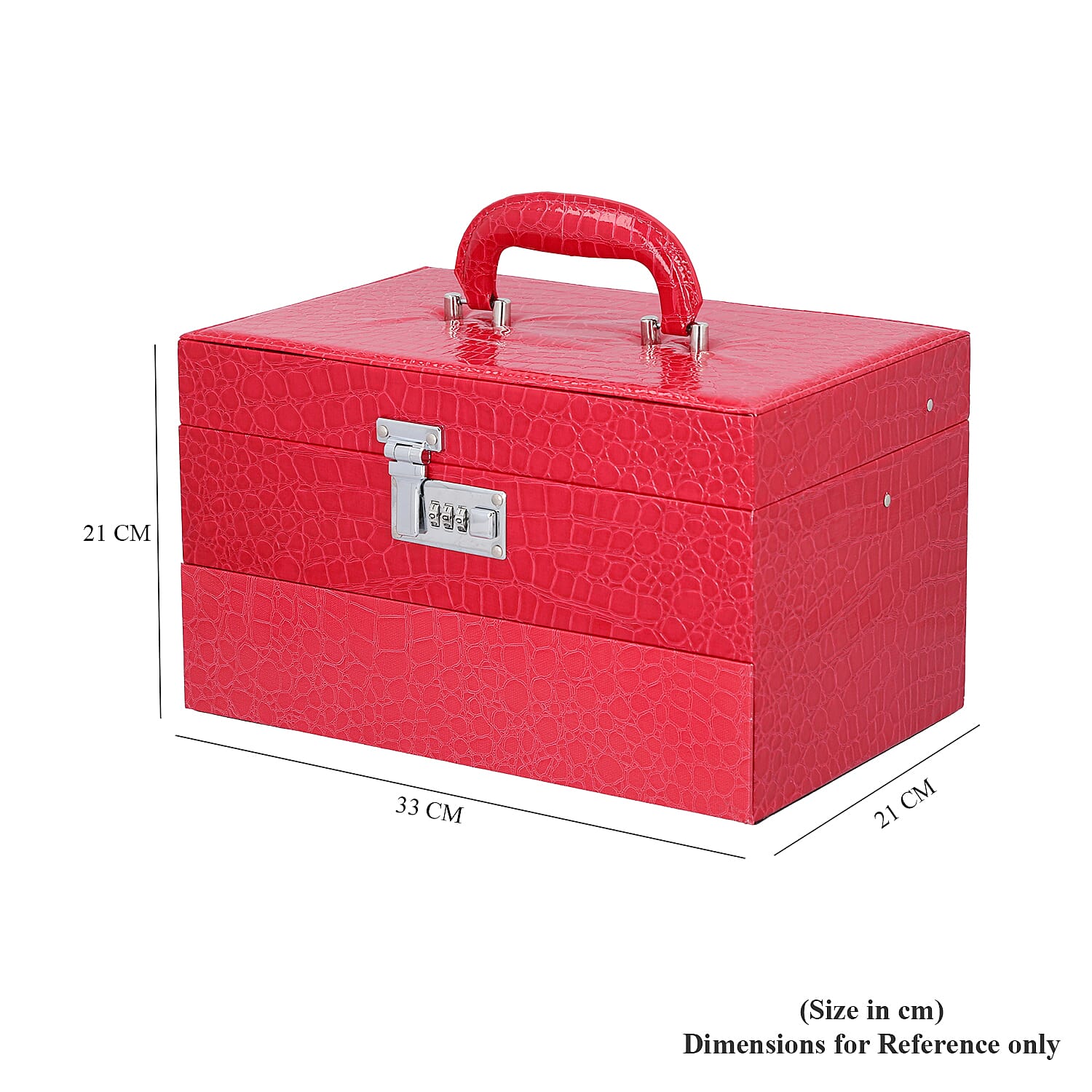 3 Layer Crocodile Skin Pattern Jewellery Box Organiser with Coded Lock and Handle (Size 33x21x21 Cm) - Rose Pink