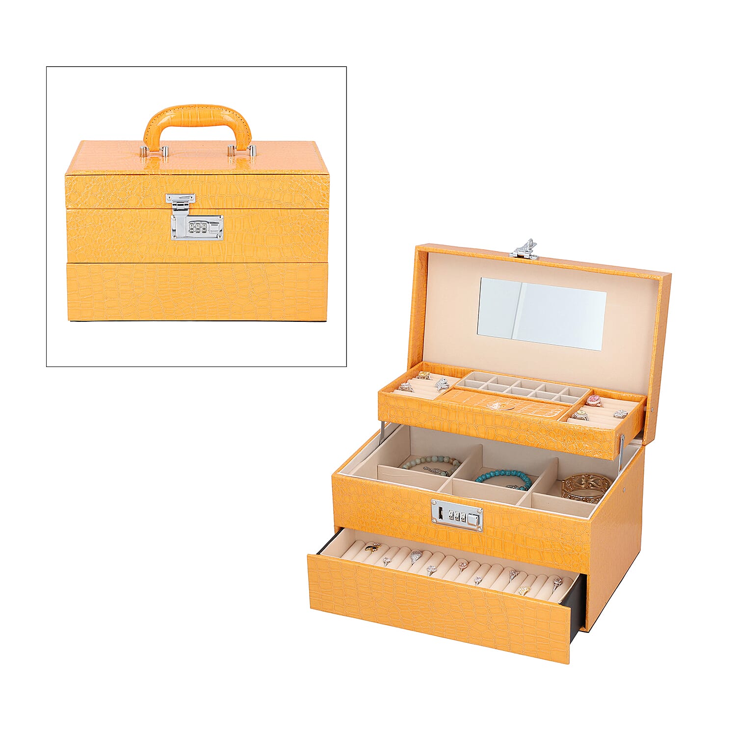 3 Layer Crocodile Skin Pattern Jewellery Box Organiser with Coded Lock and Handle (Size 33x21x21 Cm) - Mustard