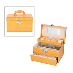 3 Layer Crocodile Skin Pattern Jewellery Box Organiser with Coded Lock and Handle Mustard