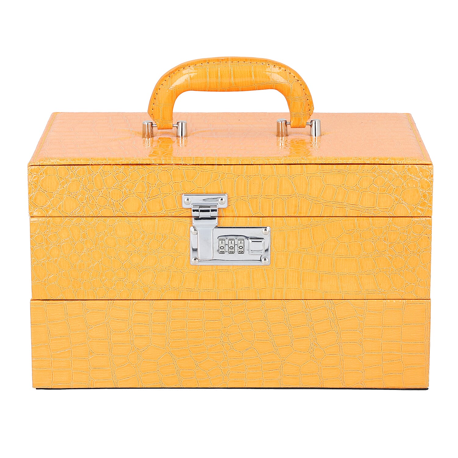3 Layer Crocodile Skin Pattern Jewellery Box Organiser with Coded Lock and Handle (Size 33x21x21 Cm) - Mustard