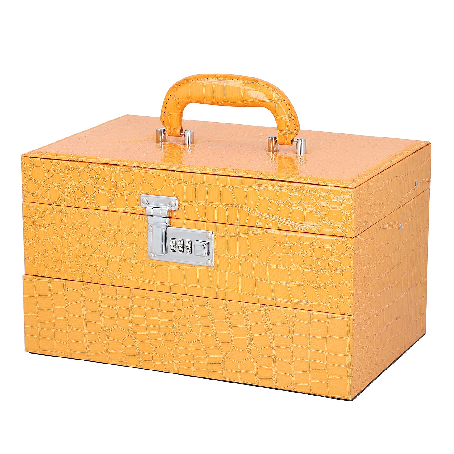 3 Layer Crocodile Skin Pattern Jewellery Box Organiser with Coded Lock and Handle (Size 33x21x21 Cm) - Mustard