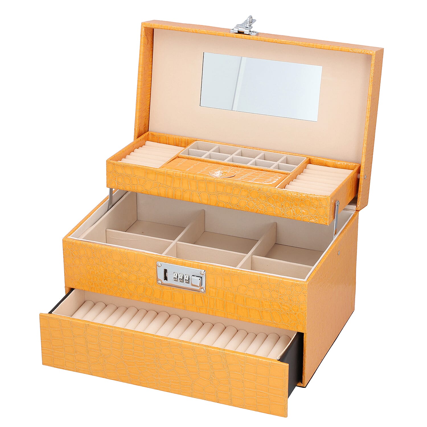 3 Layer Crocodile Skin Pattern Jewellery Box Organiser with Coded Lock and Handle (Size 33x21x21 Cm) - Mustard