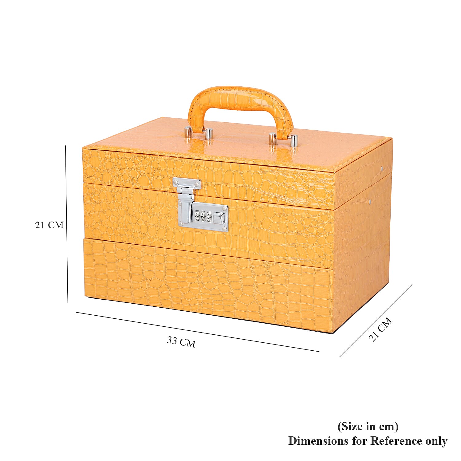 3 Layer Crocodile Skin Pattern Jewellery Box Organiser with Coded Lock and Handle (Size 33x21x21 Cm) - Mustard