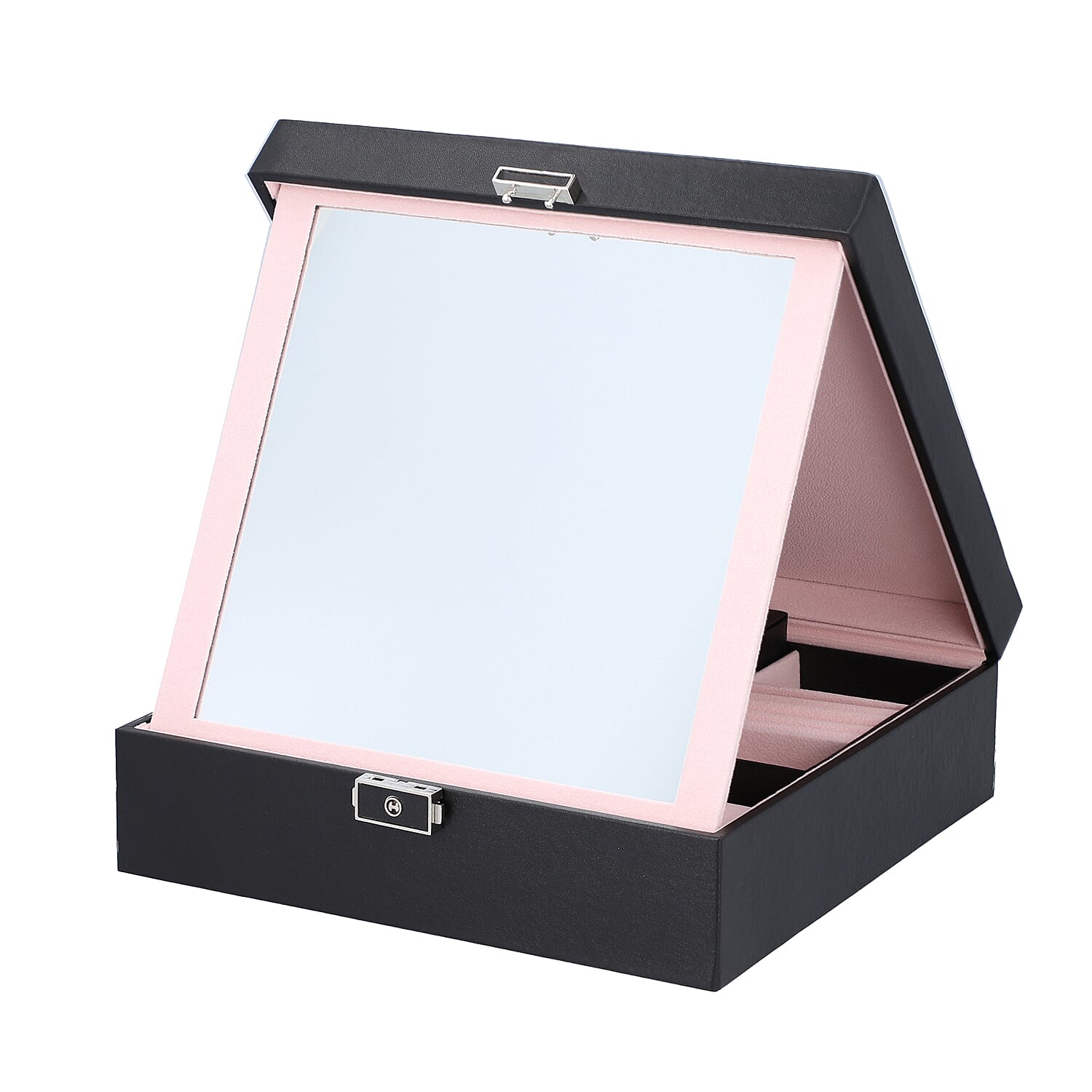 Checker Quilted Pattern Organiser with Inside Mirror in Black and Travel Box (Size 25x25x8 Cm)