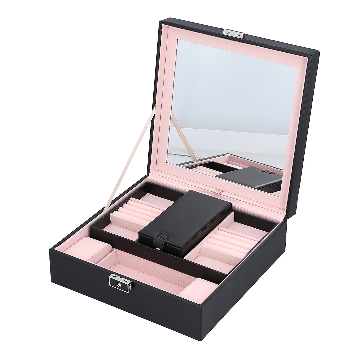 Checker Quilted Pattern Organiser with Inside Mirror in Black and Travel Box (Size 25x25x8 Cm)