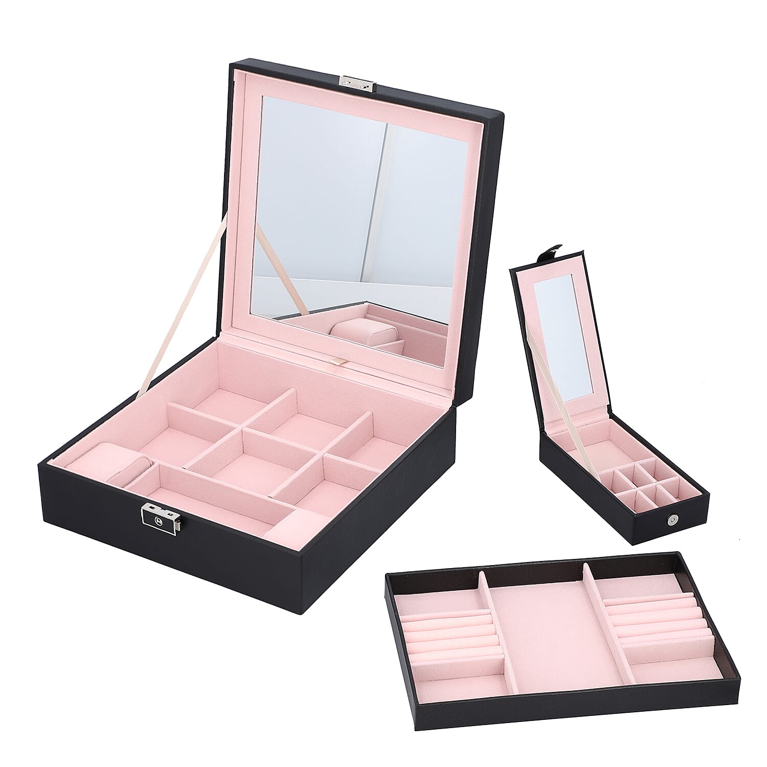 Checker Quilted Pattern Organiser with Inside Mirror in Black and Travel Box (Size 25x25x8 Cm)