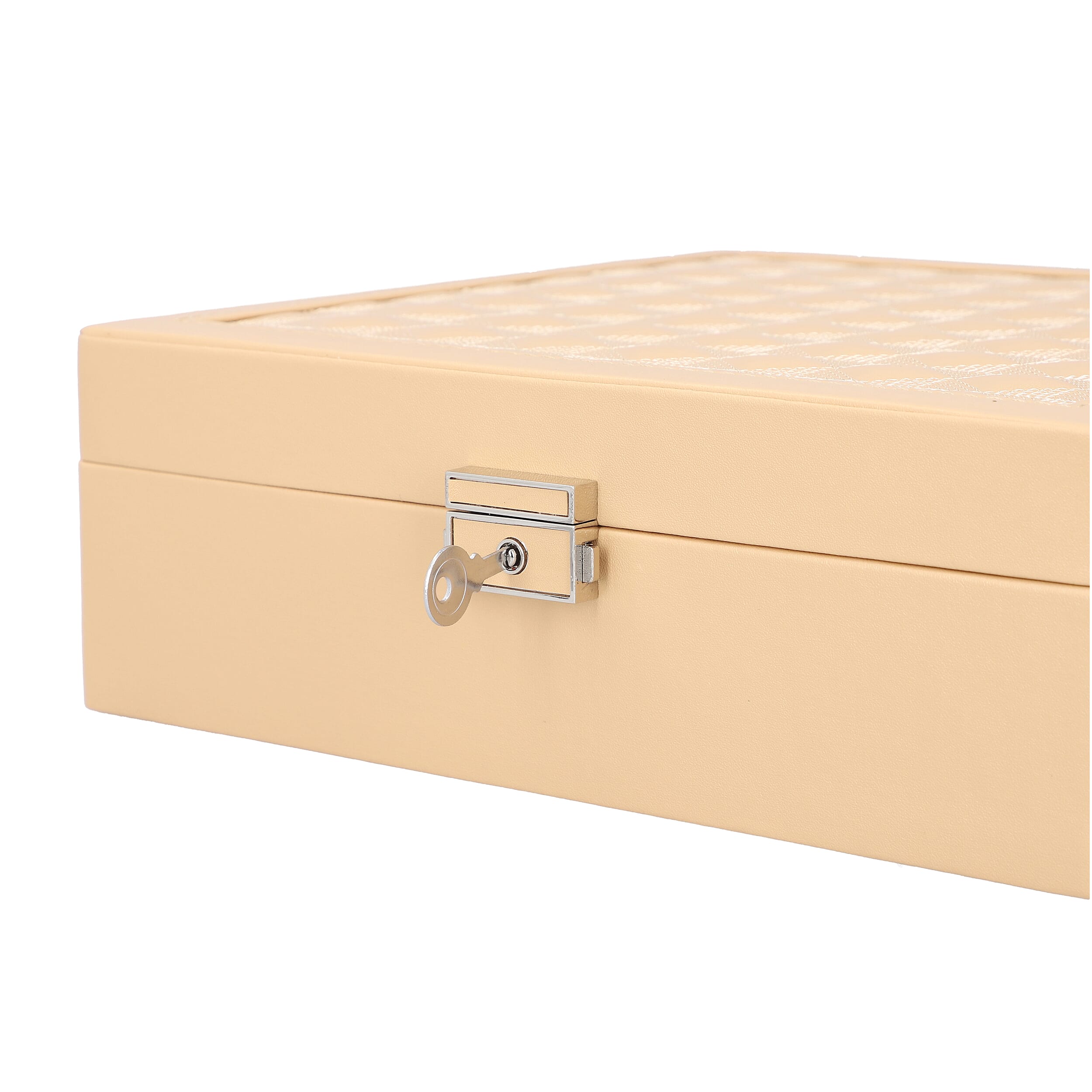 Checker Quilted Pattern Organiser with Inside Mirror in Nude and Travel Box (Size 25x25x8 Cm)