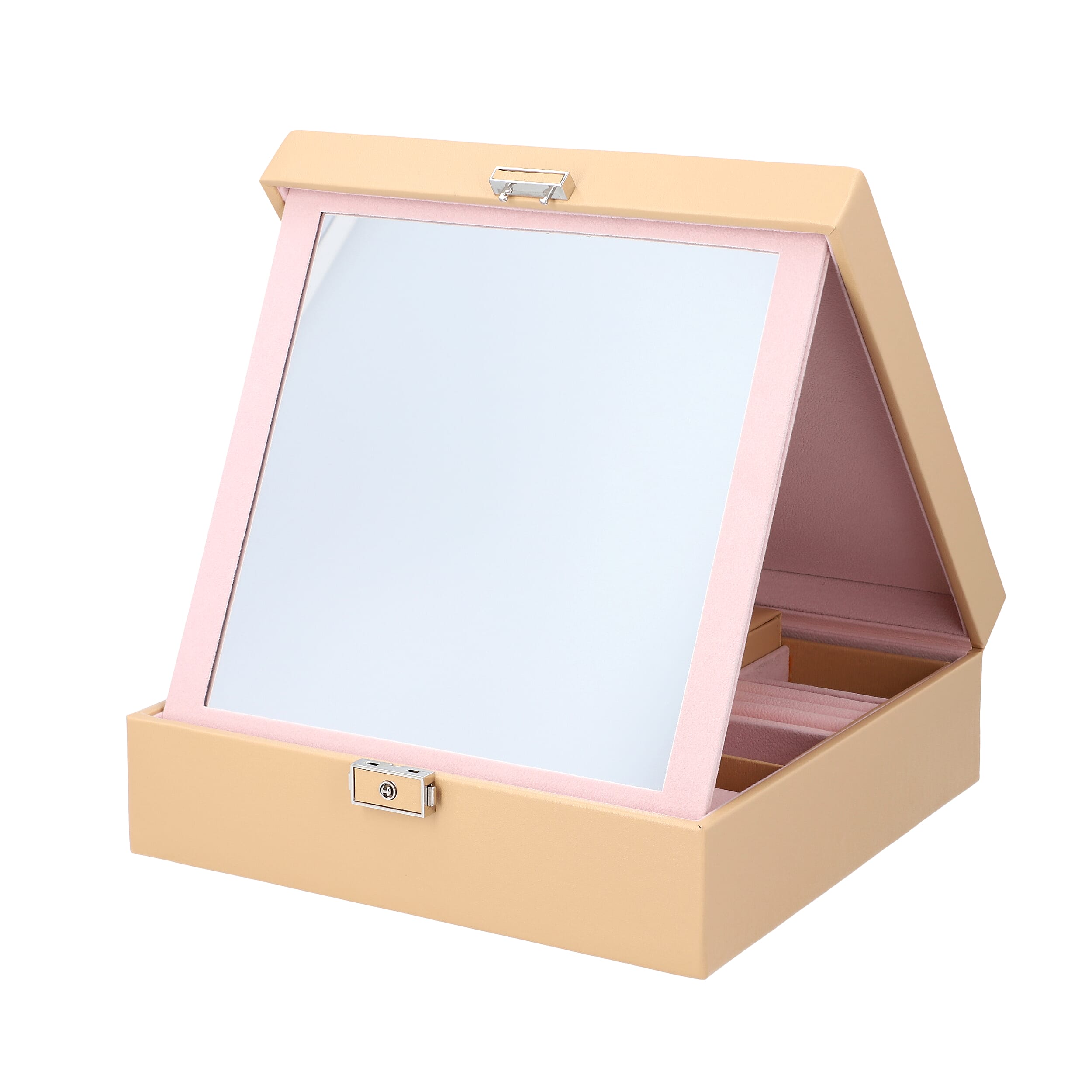 Checker Quilted Pattern Organiser with Inside Mirror in Nude and Travel Box (Size 25x25x8 Cm)