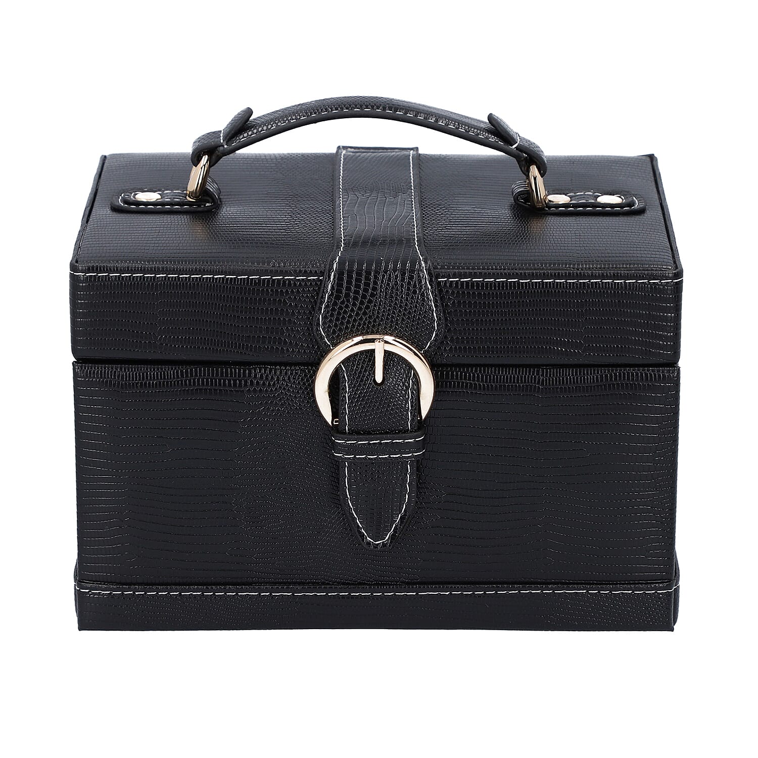 3 Layer Lizard Skin Pattern Jewellery Box with Inside Mirror and Button Lock (Size 22x16x14cm) - Black