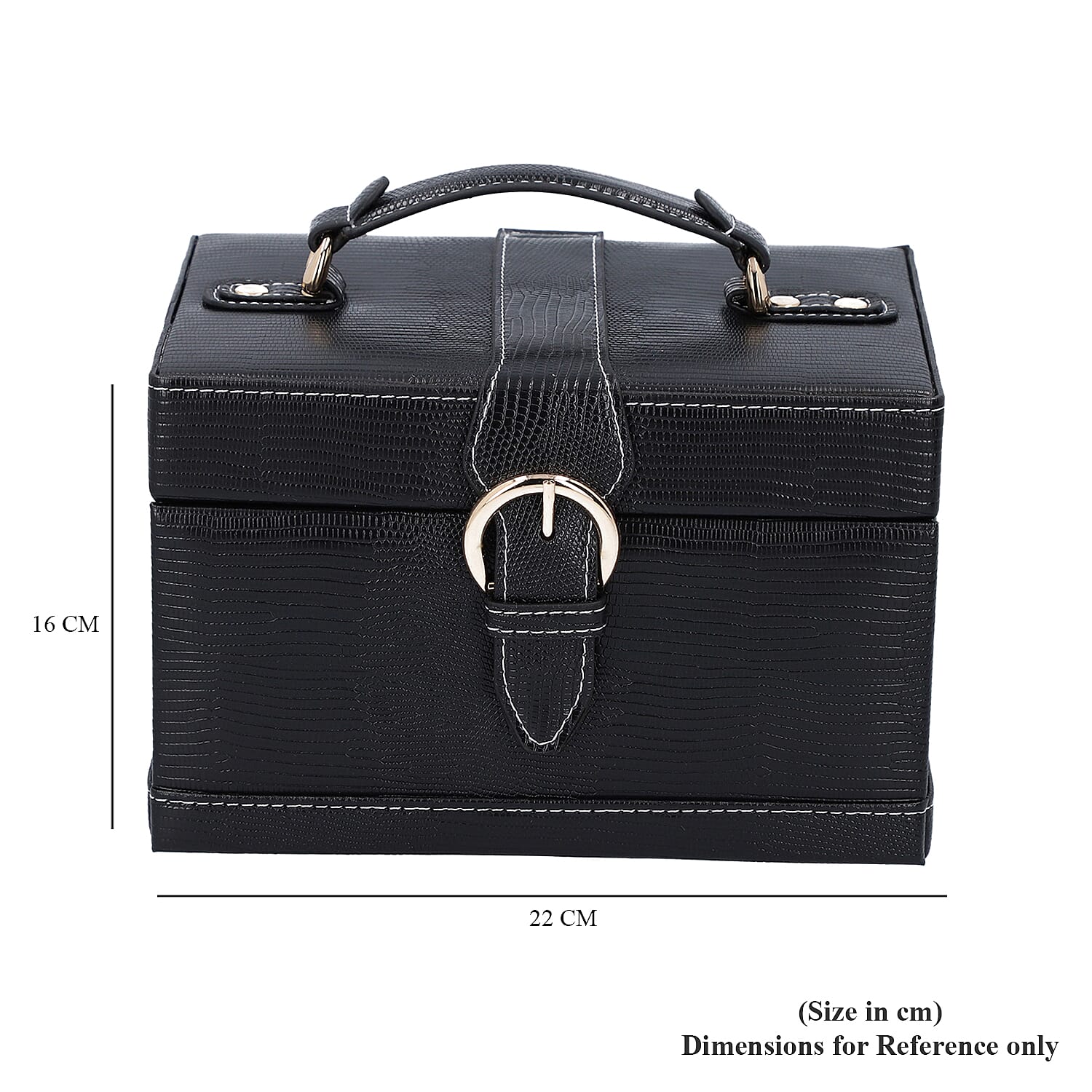 3 Layer Lizard Skin Pattern Jewellery Box with Inside Mirror and Button Lock (Size 22x16x14cm) - Black