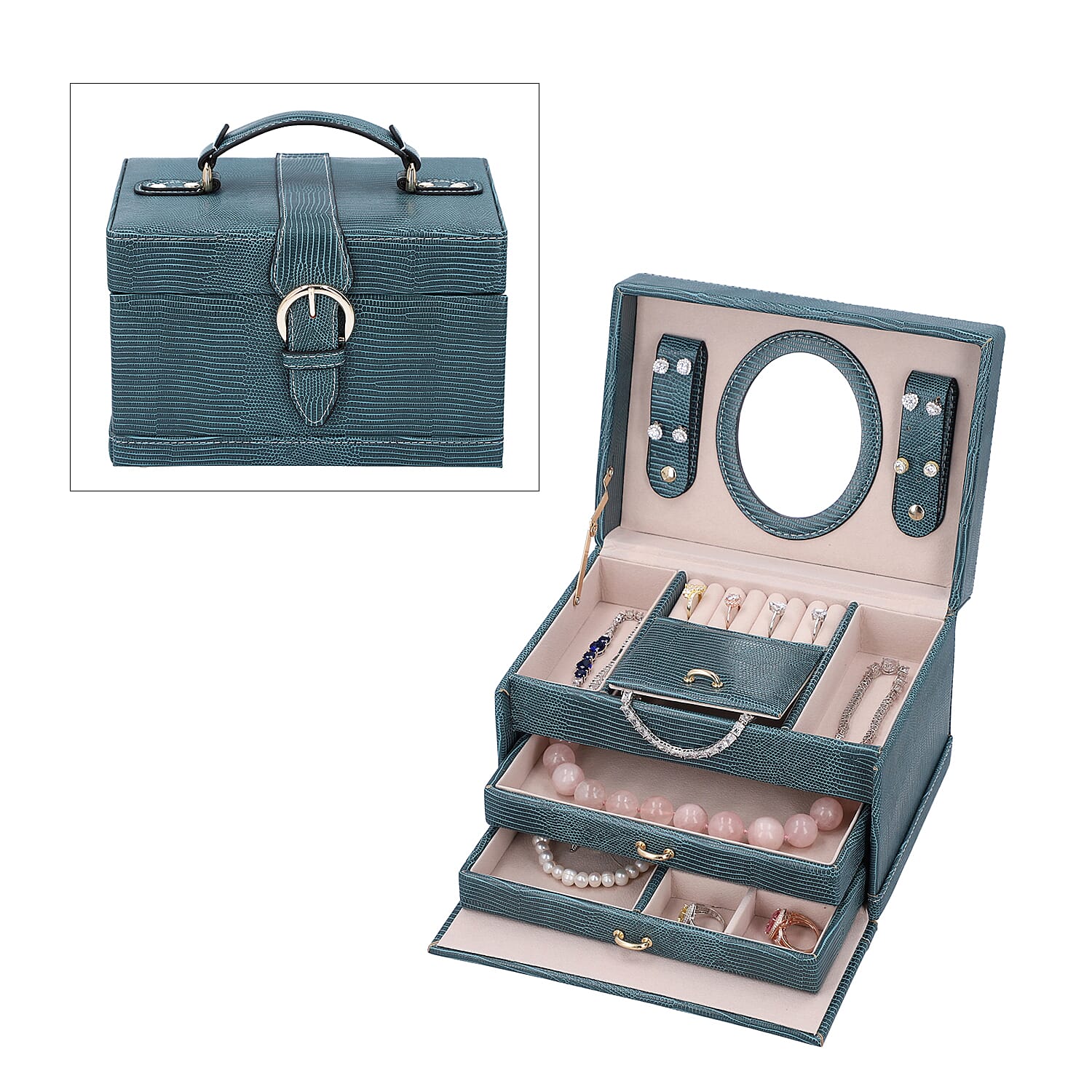 3 Layer Lizard Skin Pattern Jewellery Box with Inside Mirror and Button Lock (Size 22x16x14cm) - Teal Blue