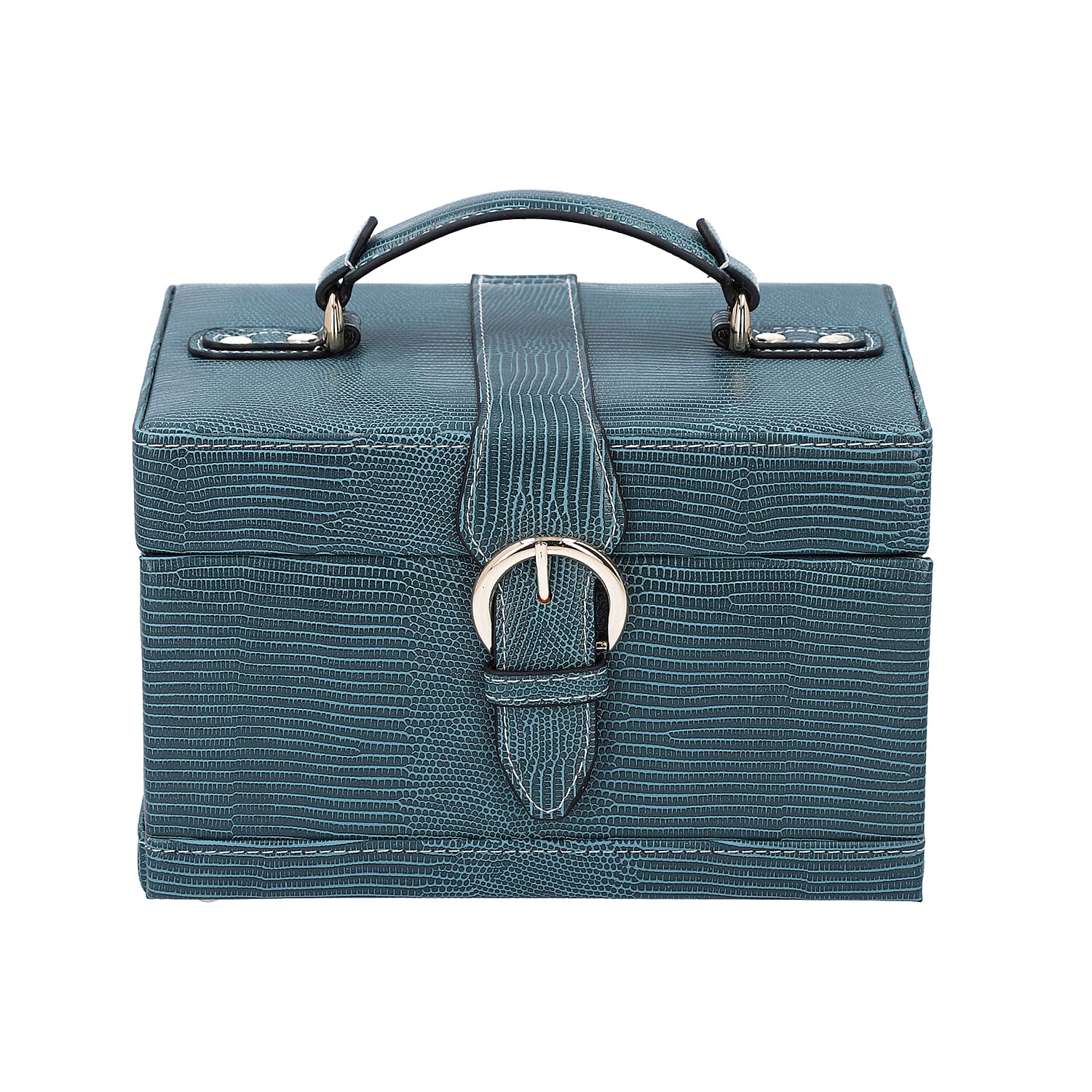 3 Layer Lizard Skin Pattern Jewellery Box with Inside Mirror and Button Lock (Size 22x16x14cm) - Teal Blue