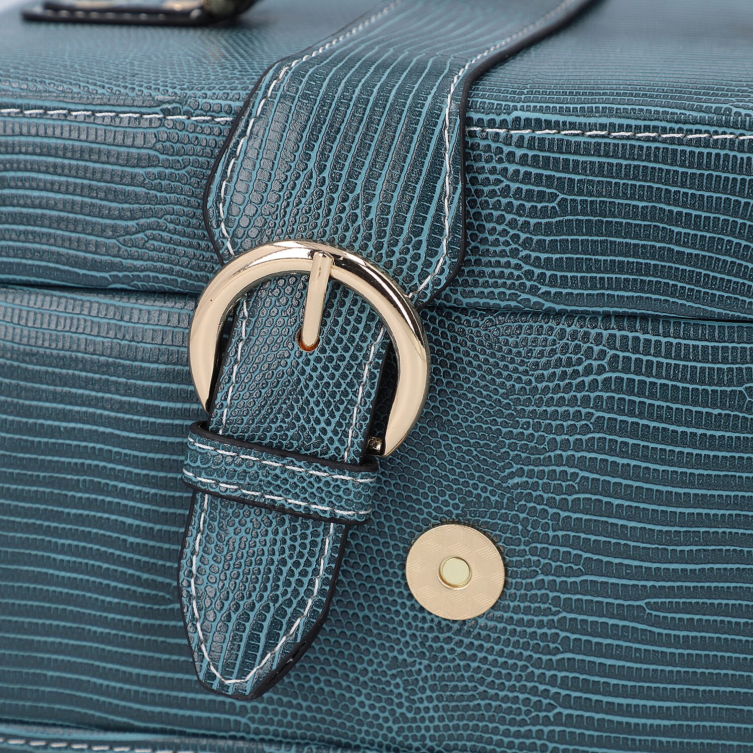 3 Layer Lizard Skin Pattern Jewellery Box with Inside Mirror and Button Lock (Size 22x16x14cm) - Teal Blue