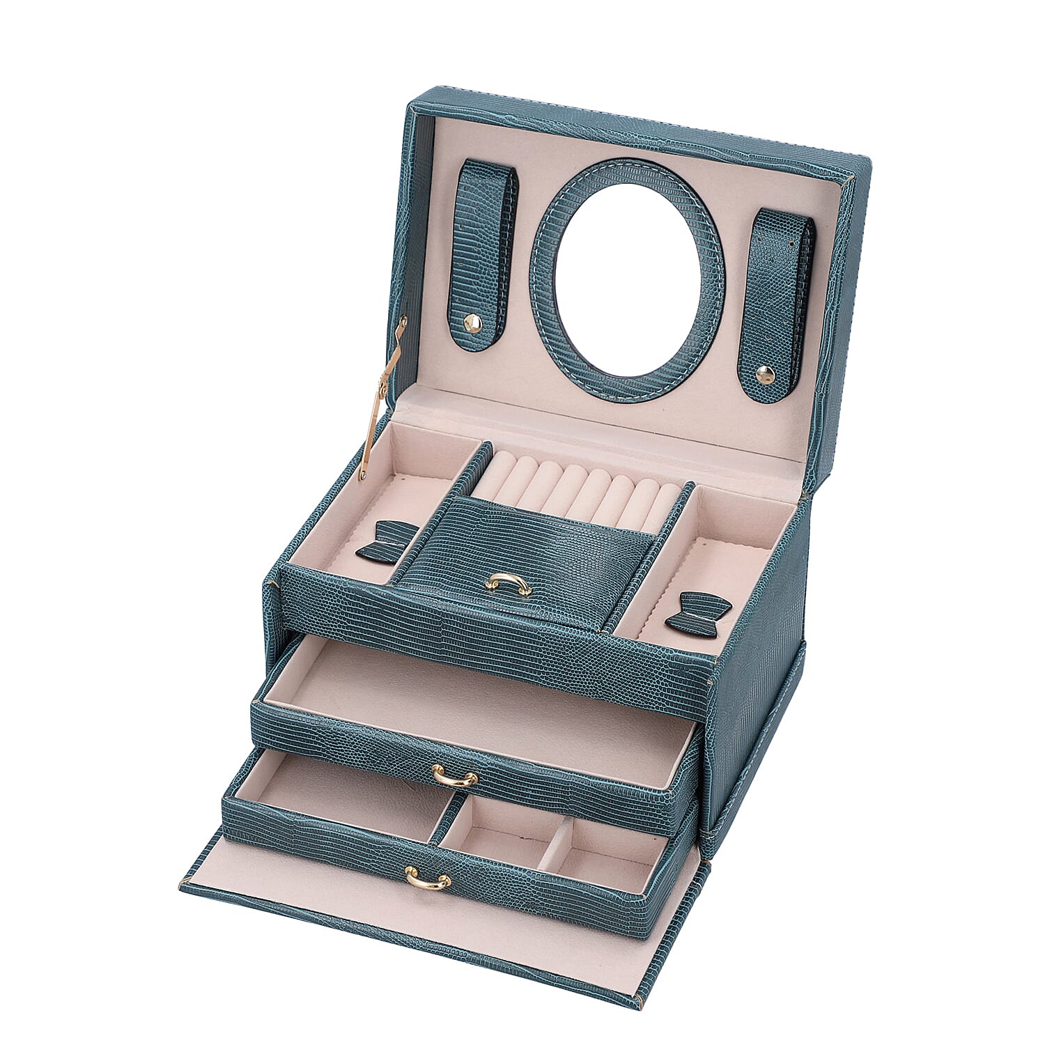 3 Layer Lizard Skin Pattern Jewellery Box with Inside Mirror and Button Lock (Size 22x16x14cm) - Teal Blue