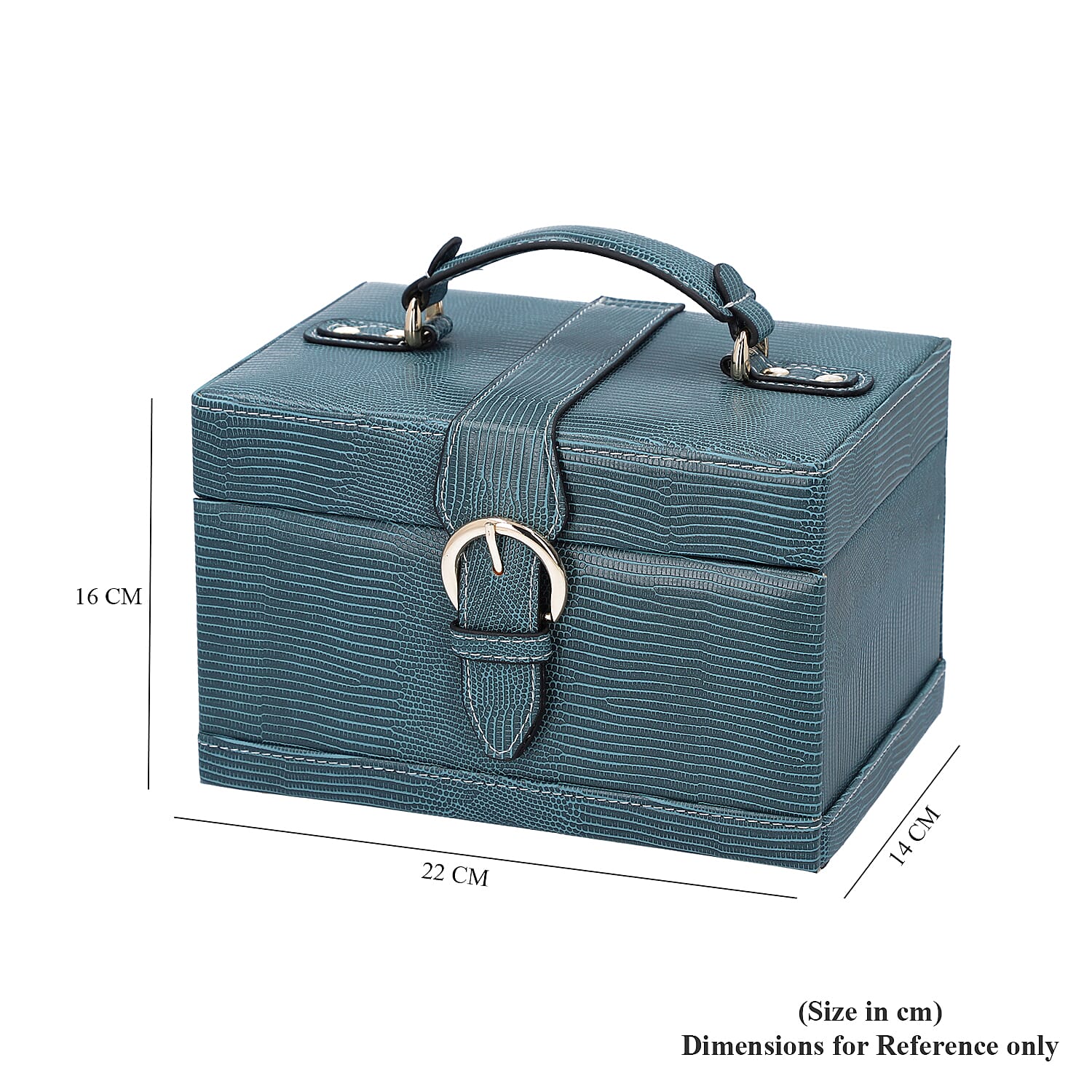 3 Layer Lizard Skin Pattern Jewellery Box with Inside Mirror and Button Lock (Size 22x16x14cm) - Teal Blue
