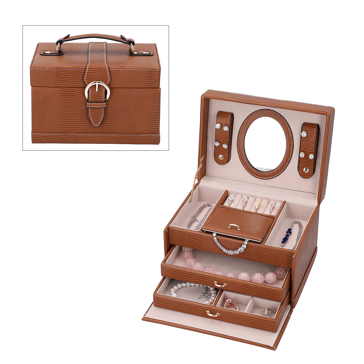 3 Layer Lizard Skin Pattern Jewellery Box with Inside Mirror and Button Lock (Size 22x16x14cm) - Brown