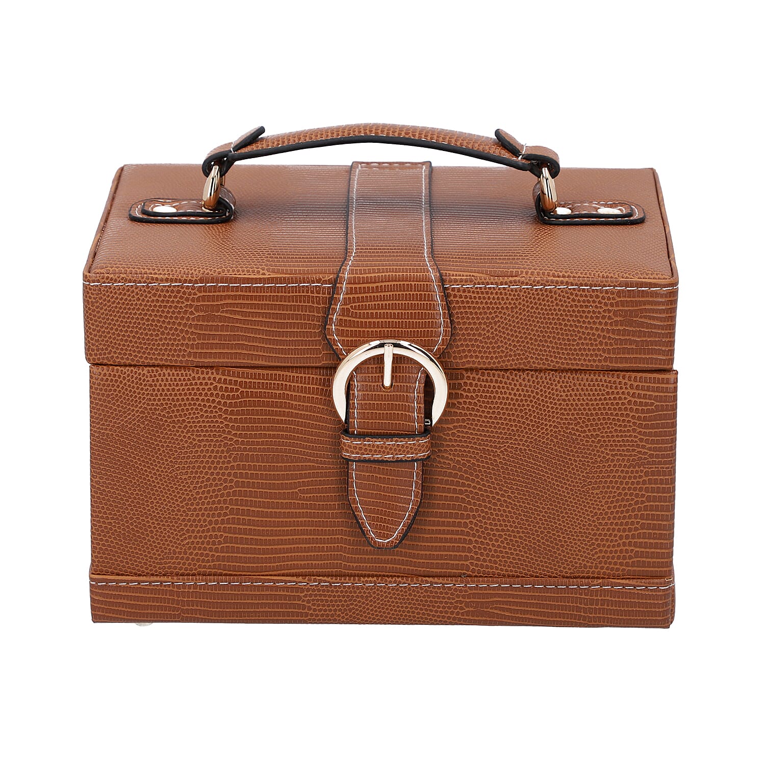 3 Layer Lizard Skin Pattern Jewellery Box with Inside Mirror and Button Lock (Size 22x16x14cm) - Brown