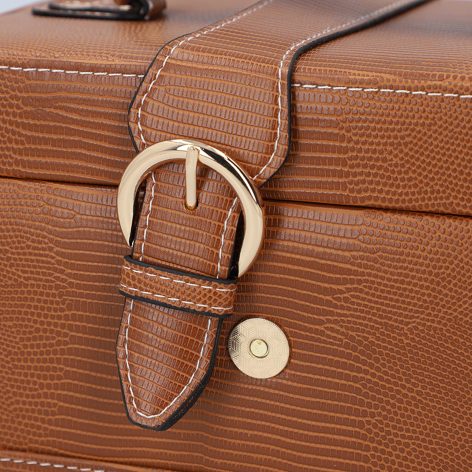 3 Layer Lizard Skin Pattern Jewellery Box with Inside Mirror and Button Lock (Size 22x16x14cm) - Brown