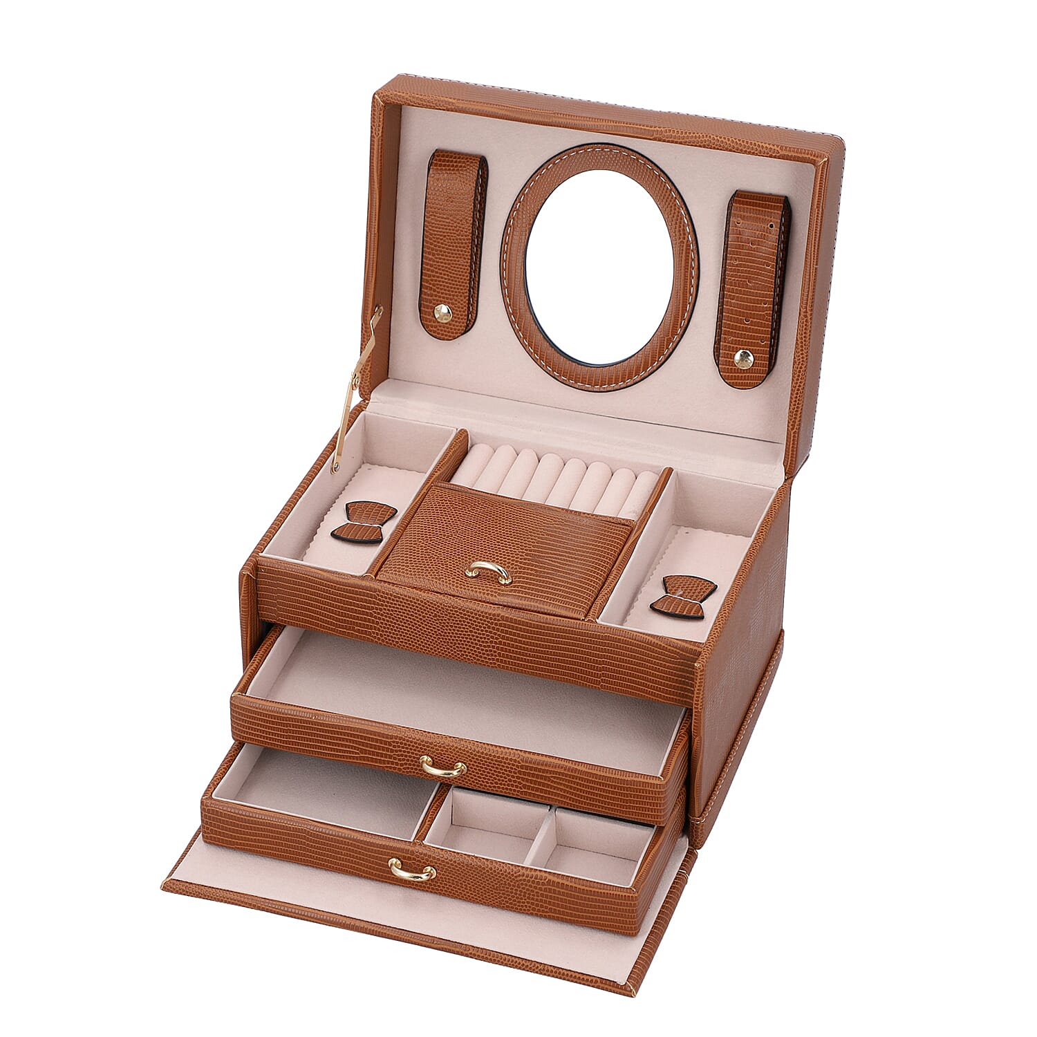 3 Layer Lizard Skin Pattern Jewellery Box with Inside Mirror and Button Lock (Size 22x16x14cm) - Brown