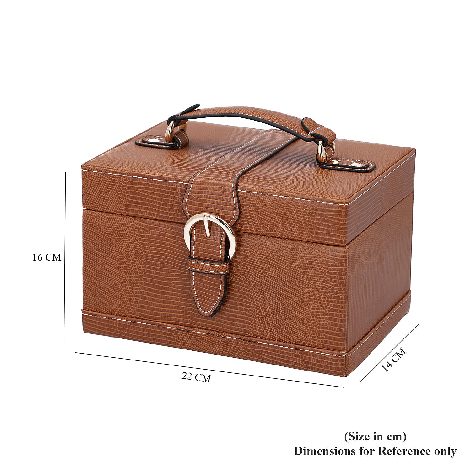 3 Layer Lizard Skin Pattern Jewellery Box with Inside Mirror and Button Lock (Size 22x16x14cm) - Brown