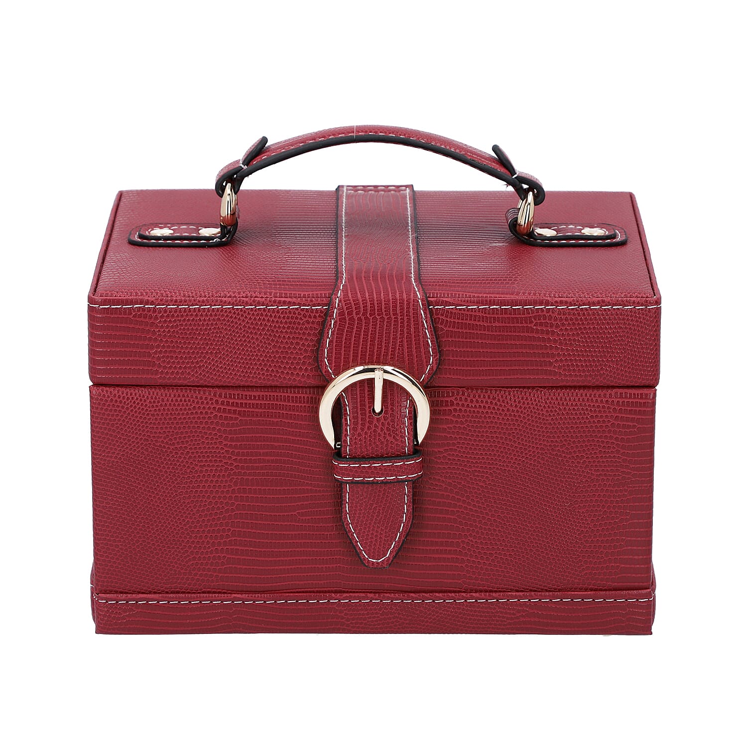3 Layer Lizard Skin Pattern Jewellery Box with Inside Mirror and Button Lock (Size 22x16x14cm) - Burgundy