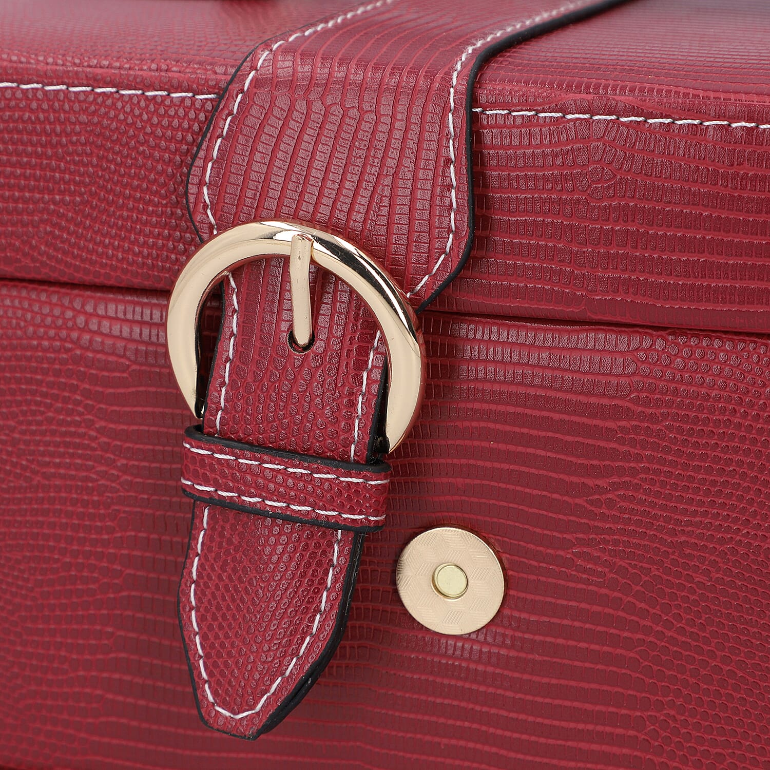 3 Layer Lizard Skin Pattern Jewellery Box with Inside Mirror and Button Lock (Size 22x16x14cm) - Burgundy