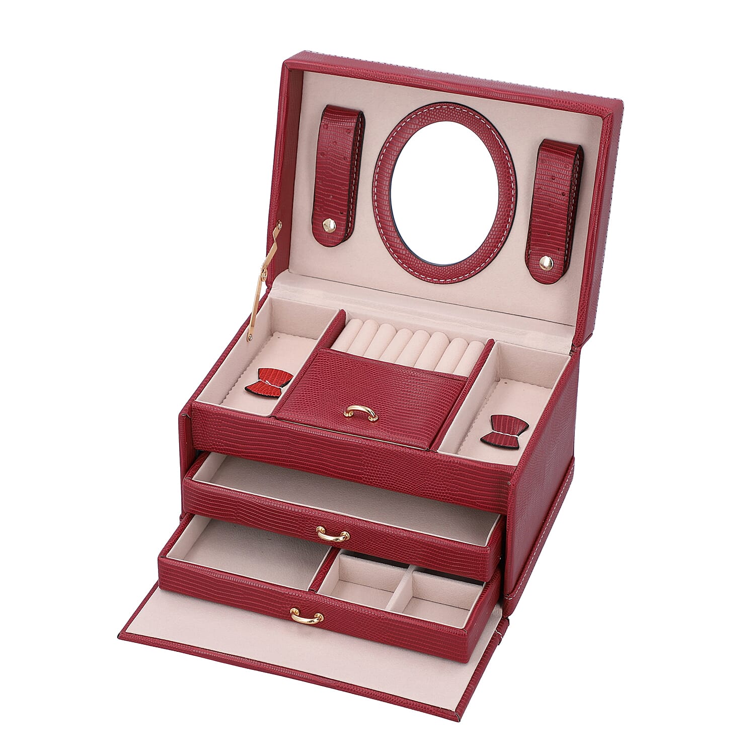 3 Layer Lizard Skin Pattern Jewellery Box with Inside Mirror and Button Lock (Size 22x16x14cm) - Burgundy