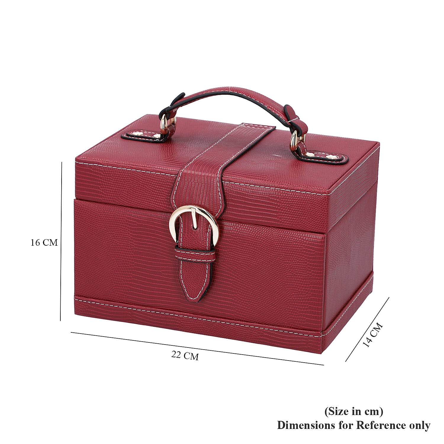 3 Layer Lizard Skin Pattern Jewellery Box with Inside Mirror and Button Lock (Size 22x16x14cm) - Burgundy