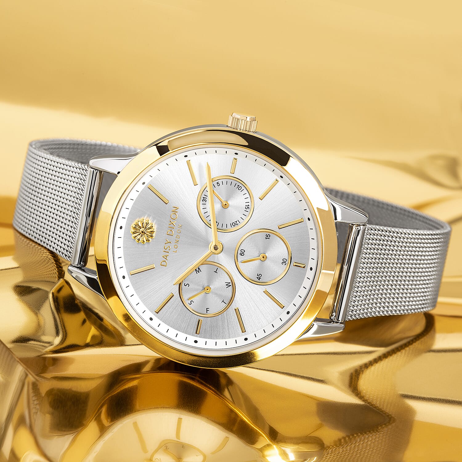 Limited Edition Daisy Dixon Heidi Mesh Strap Bracelet Watch With Gold Tone Bezel And Silver/Gold Tone Multi Dial in Stainless Steel