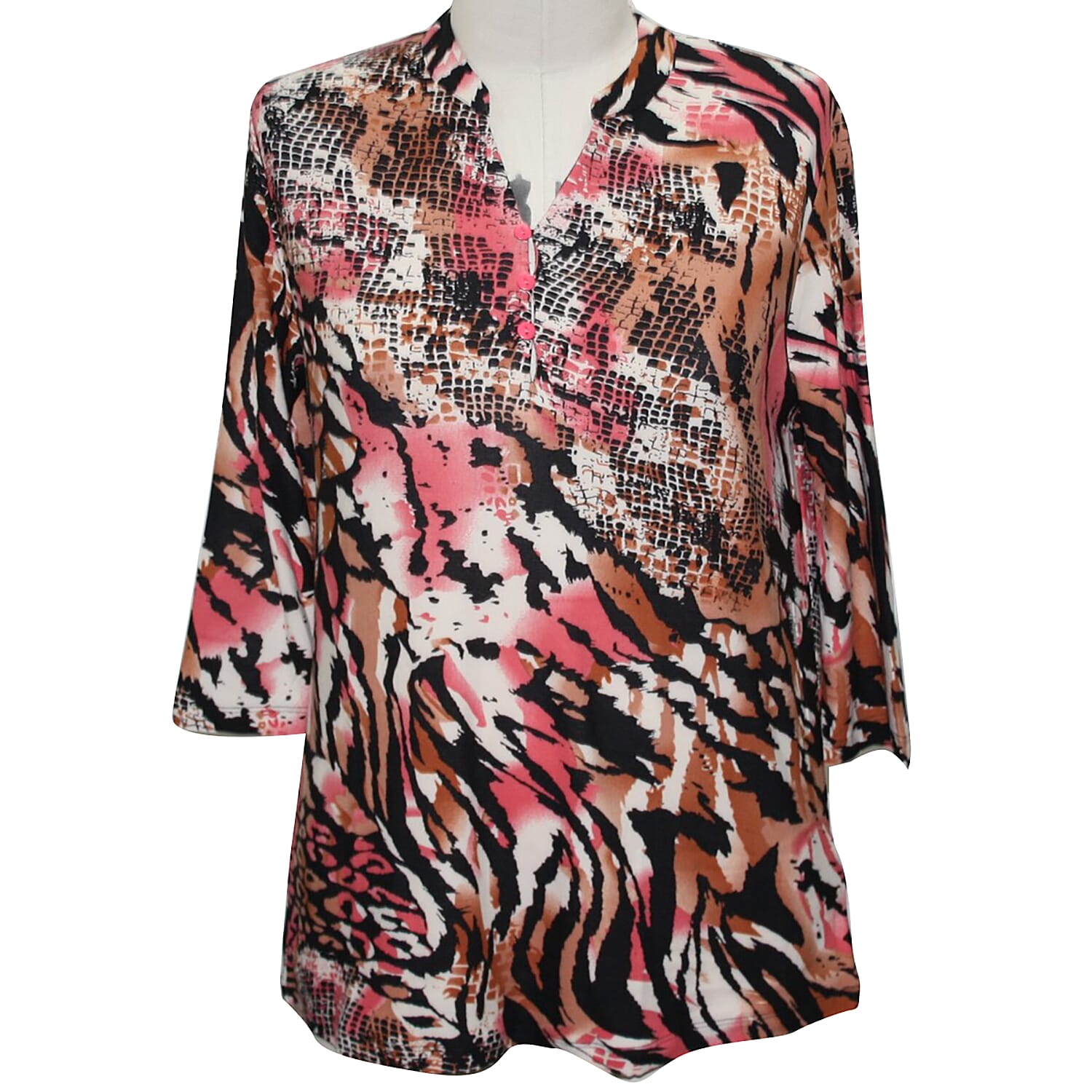Aura Boutique Supersoft Neck Detail Printed Top in Brown