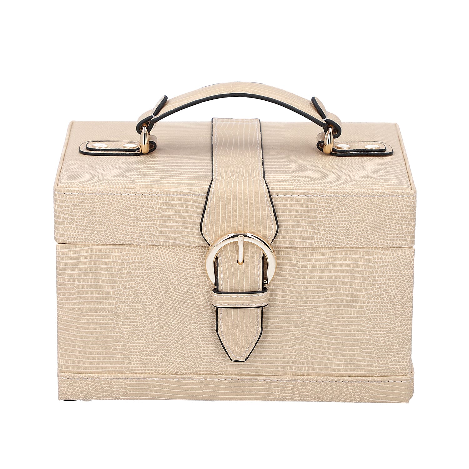 3 Layer Lizard Skin Pattern Jewellery Box with Inside Mirror and Button Lock (Size 22x16x14cm) - Cream