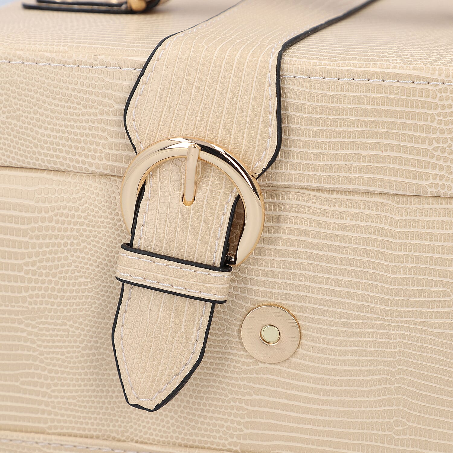 3 Layer Lizard Skin Pattern Jewellery Box with Inside Mirror and Button Lock (Size 22x16x14cm) - Cream