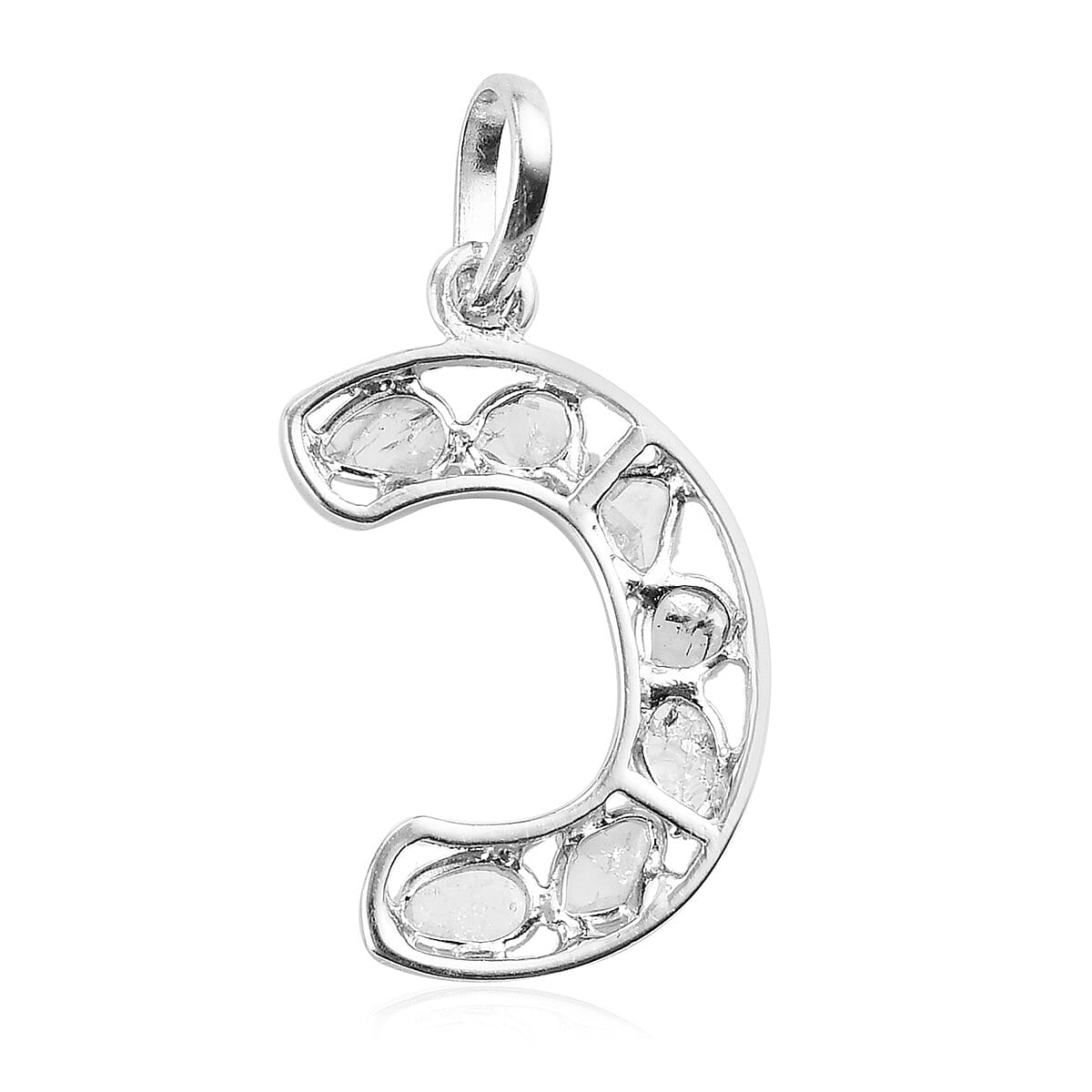 Polki Diamond Initial C Pendant in Platinum Overlay Sterling Silver 0.50 Ct.