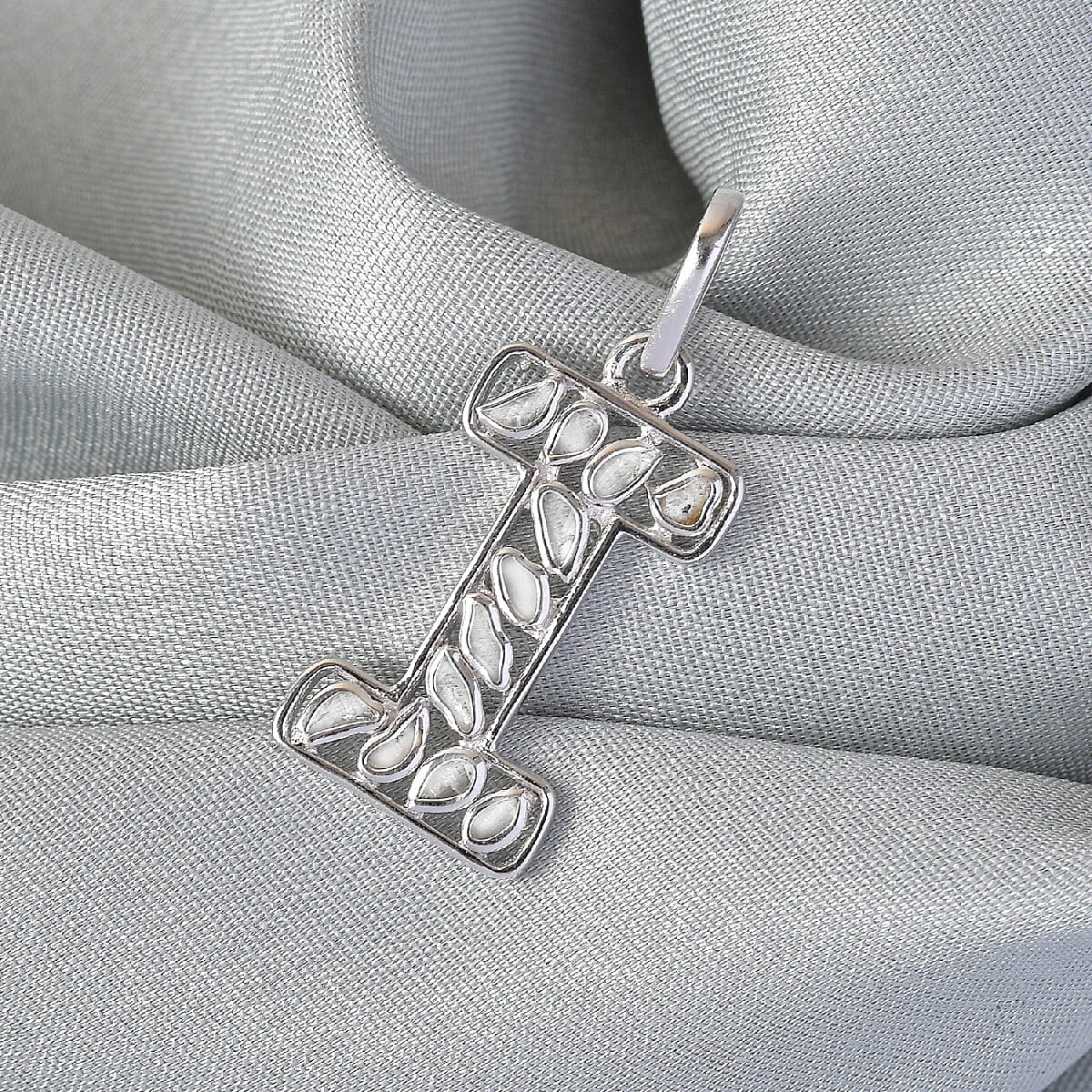 Polki Diamond Initial I Pendant in Platinum Overlay Sterling Silver 0.50 Ct.