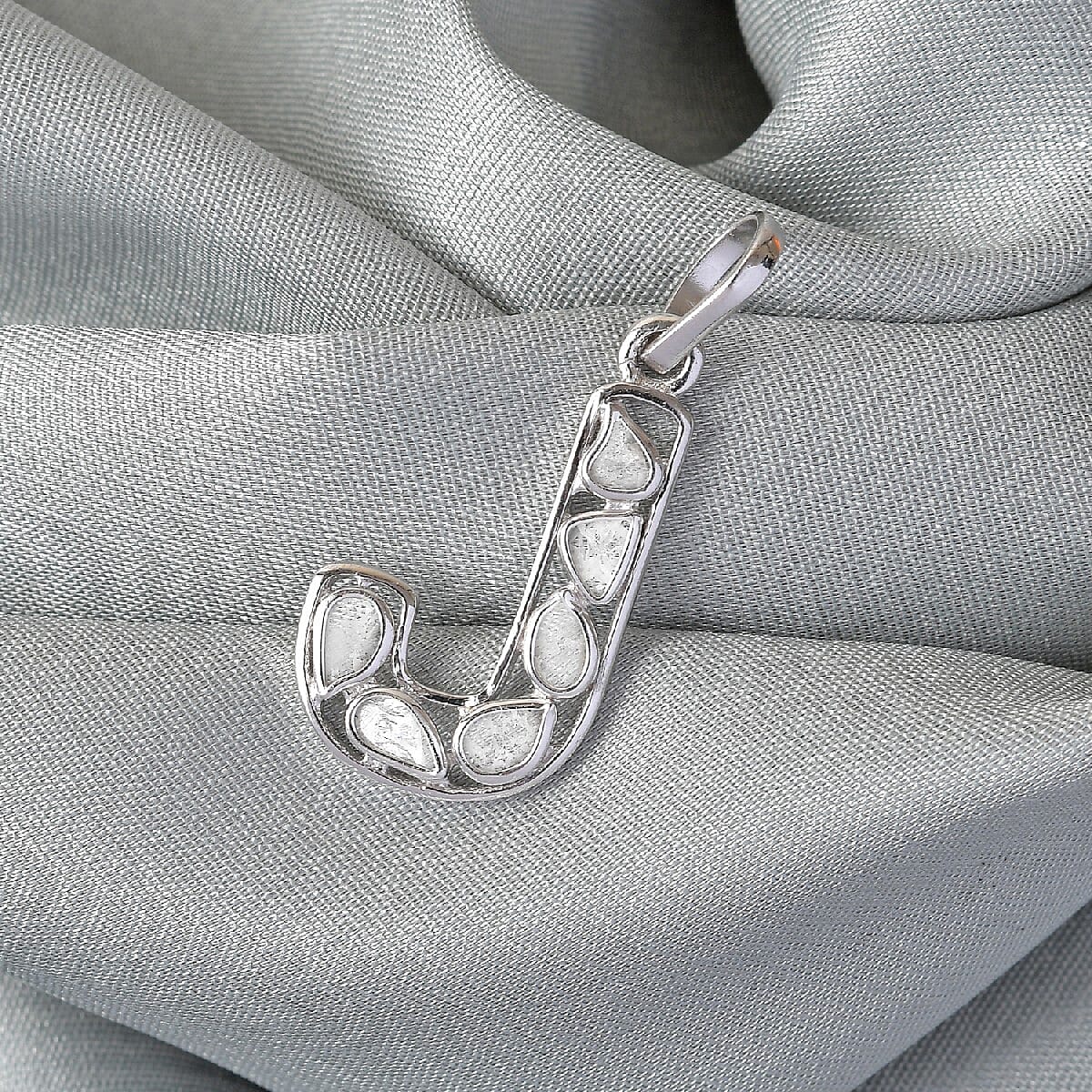 Artisan Crafted Polki Diamond Initial J Pendant in Platinum Overlay Sterling Silver 0.50 Ct.