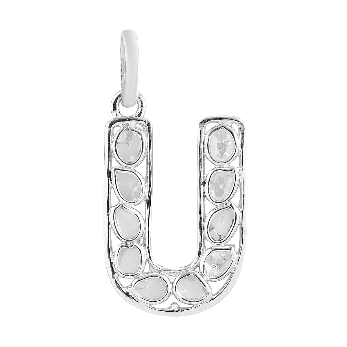 Polki Diamond Initial U Pendant in Platinum Overlay Sterling Silver 0.50 Ct.