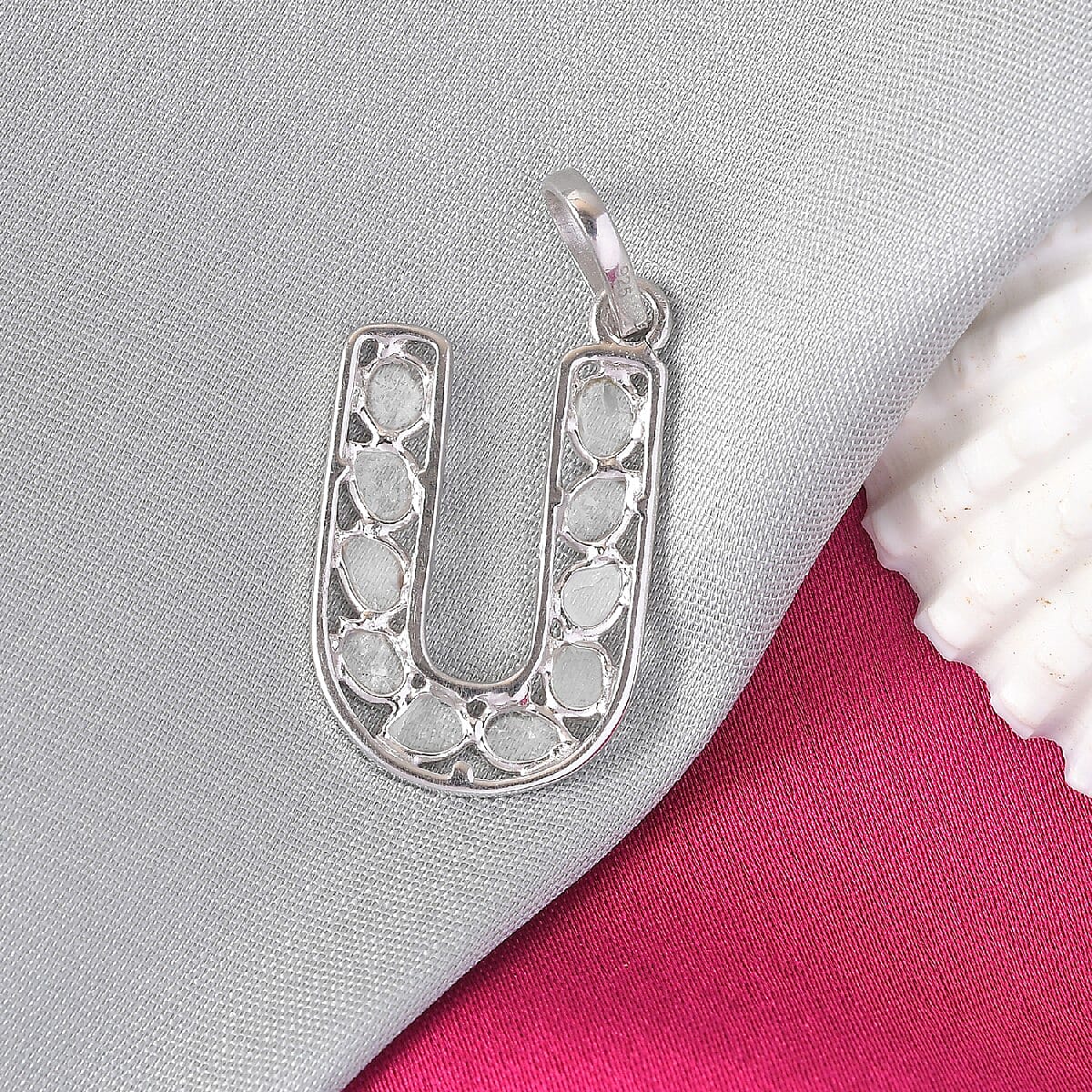 Polki Diamond Initial U Pendant in Platinum Overlay Sterling Silver 0.50 Ct.