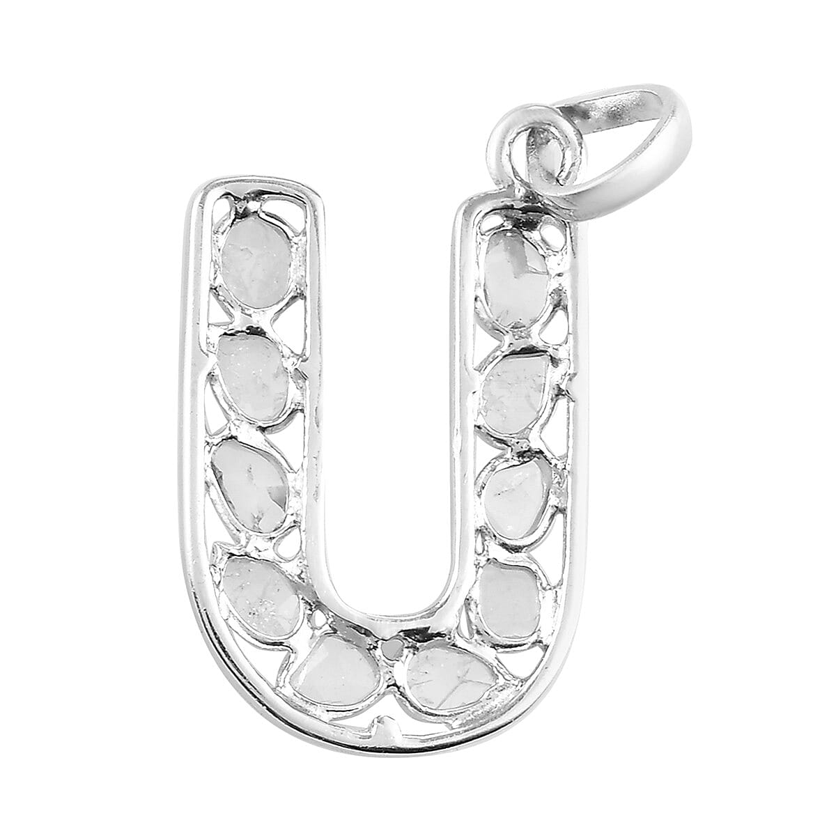 Polki Diamond Initial U Pendant in Platinum Overlay Sterling Silver 0.50 Ct.