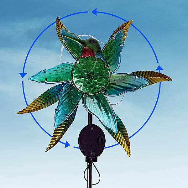 Charming Nature Theme Hummingbird Hand Painted Solar Wind Spinner - Green and Blue