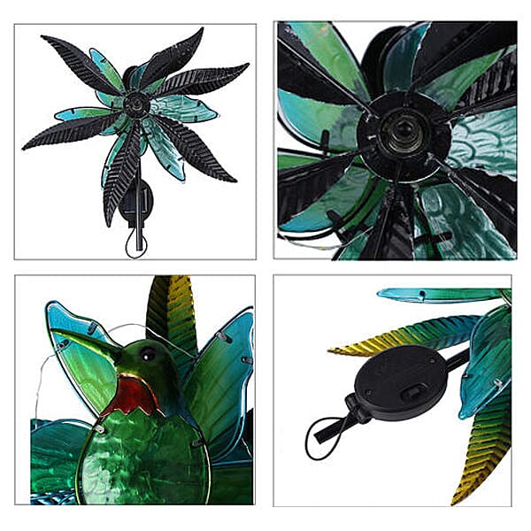 Charming Nature Theme Hummingbird Hand Painted Solar Wind Spinner - Green and Blue