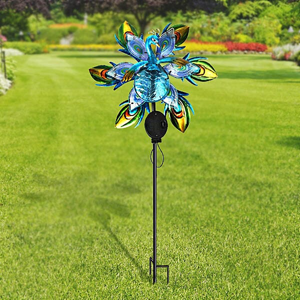 Charming Nature Theme Peacock Hand Painted Solar Wind Spinner (Size:25x35x110 Cm) - Blue and Multi
