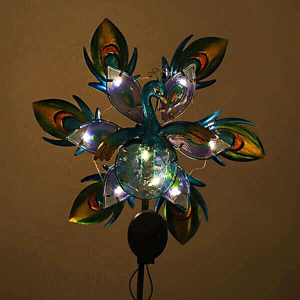 Charming Nature Theme Peacock Hand Painted Solar Wind Spinner (Size:25x35x110 Cm) - Blue and Multi