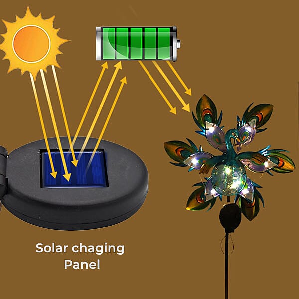 Charming Nature Theme Peacock Hand Painted Solar Wind Spinner (Size:25x35x110 Cm) - Blue and Multi
