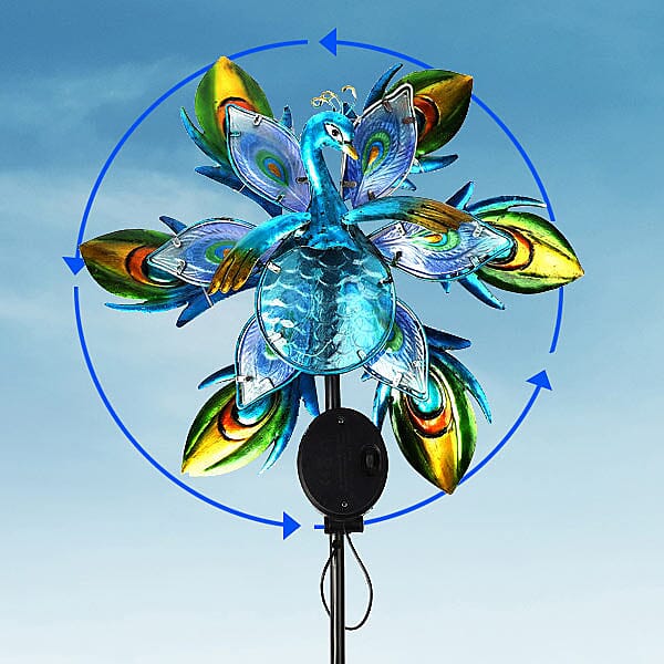 Charming Nature Theme Peacock Hand Painted Solar Wind Spinner (Size:25x35x110 Cm) - Blue and Multi
