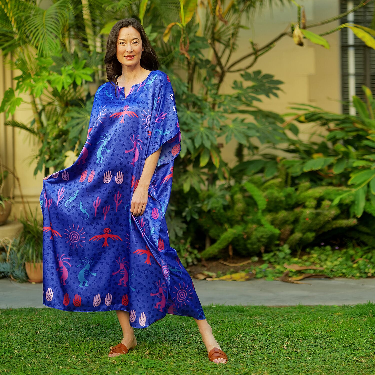 Winlar Blue and Multi Colour Tribal Pattern Long Kaftan (One Size)