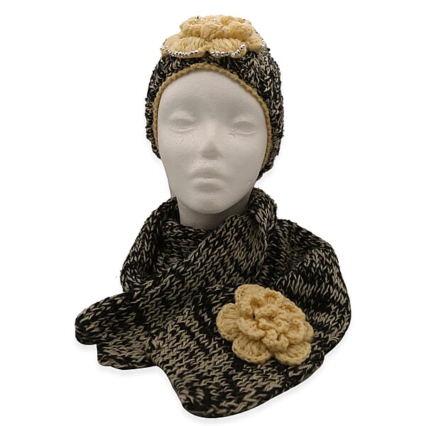 Set of 2 Black Knit Hat 48x20cm and Scarf with Cream Colour Flower