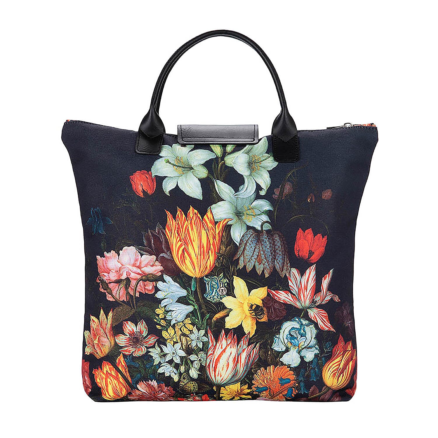 Signare Tapestry Bosschaert Art A Still Life of Flowers In A Van-Li Vase Foldaway Gusset Bag in Black