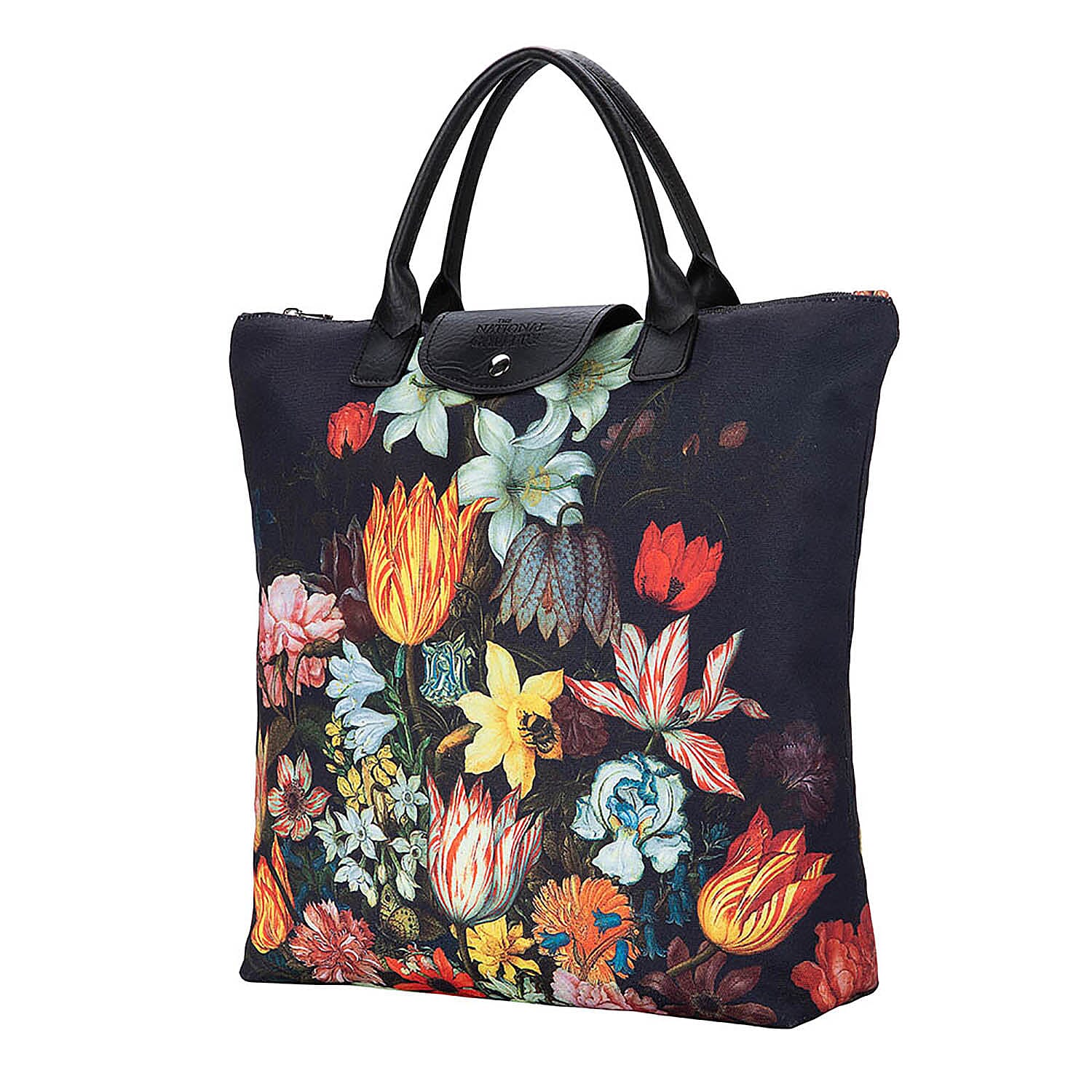 Signare Tapestry Bosschaert Art A Still Life of Flowers In A Van-Li Vase Foldaway Gusset Bag in Black